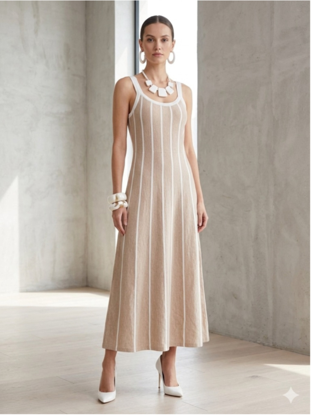 ZESICA Women’s Medium Tan White Striped Knit Midi Dress Tank Top Sleeveless New